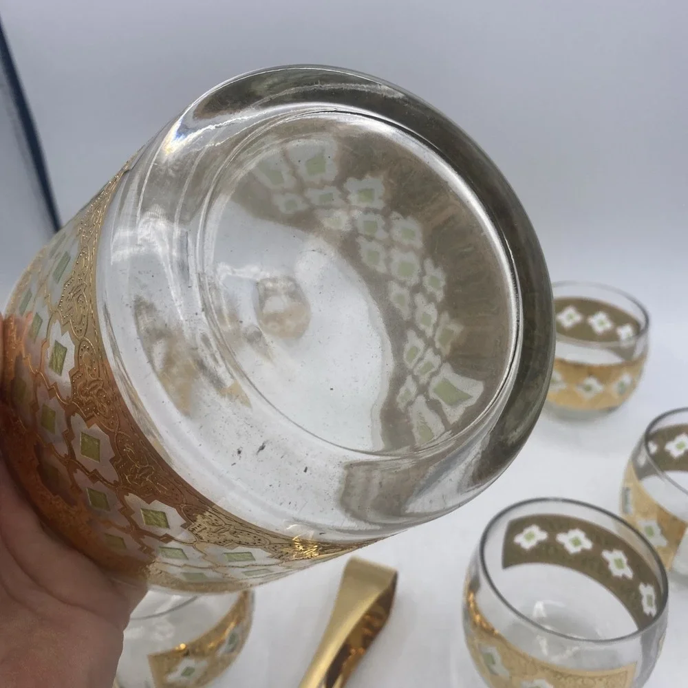 VTG Culver Green 22K Gold VALENCIA Ice bowl & Roly Poly Glasses BAR SET MCM